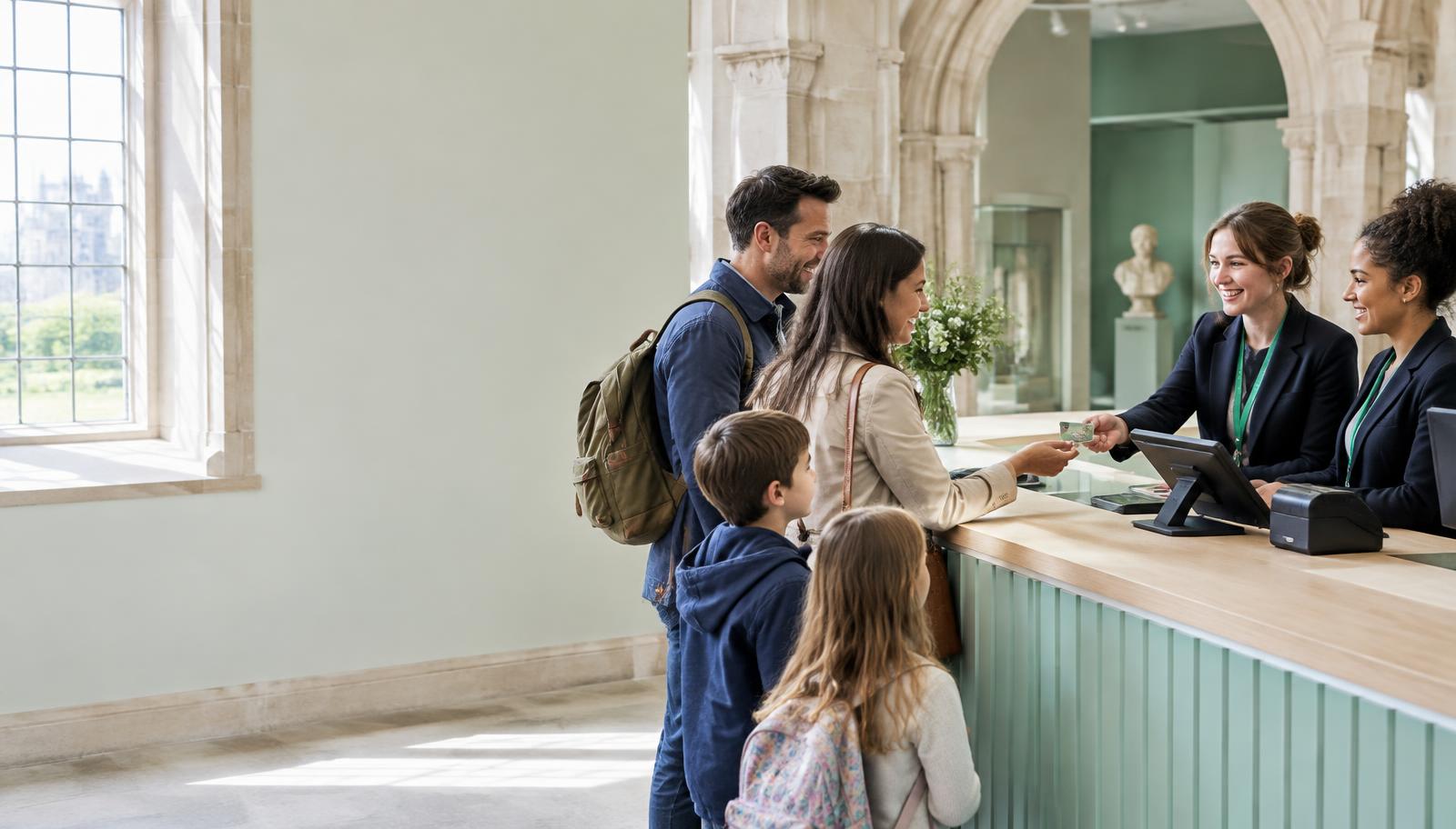 Attraction reception welcoming a family with a membership pass