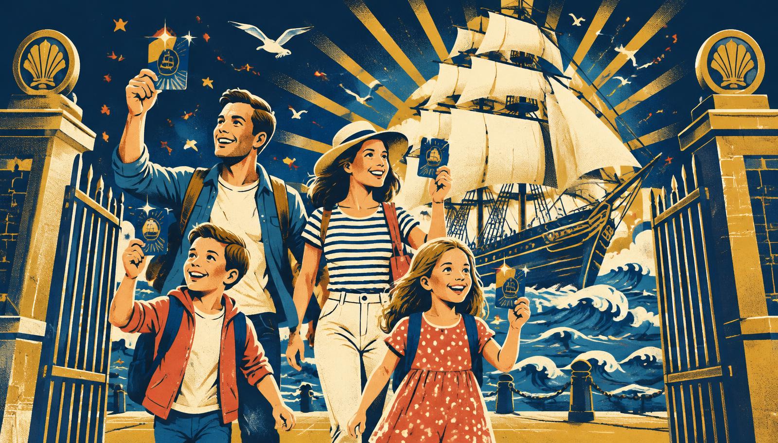 Illustrated poster of a family arriving at an attraction with their annual passes